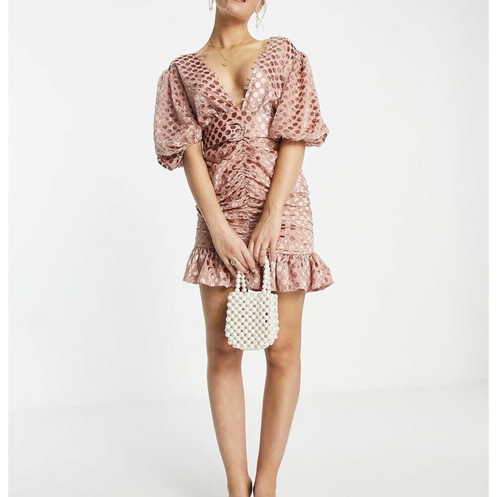ASOS DESIGN velvet flocked spot mini dress with puff sleeve and belt pink Sz 4